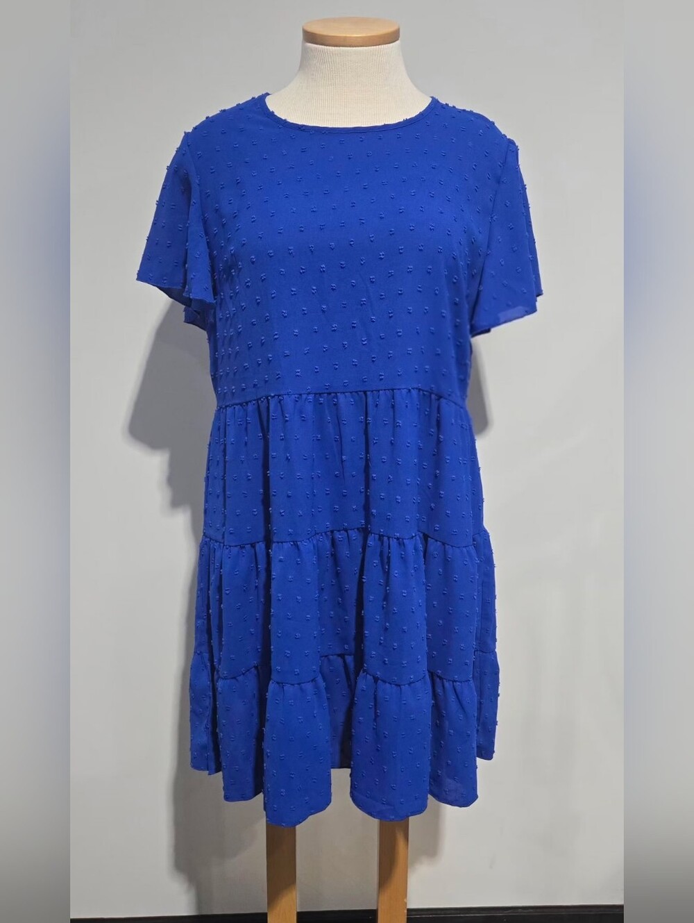SHEIN Cobalt Blue Swiss Dot Tiered Short Sleeve Dress